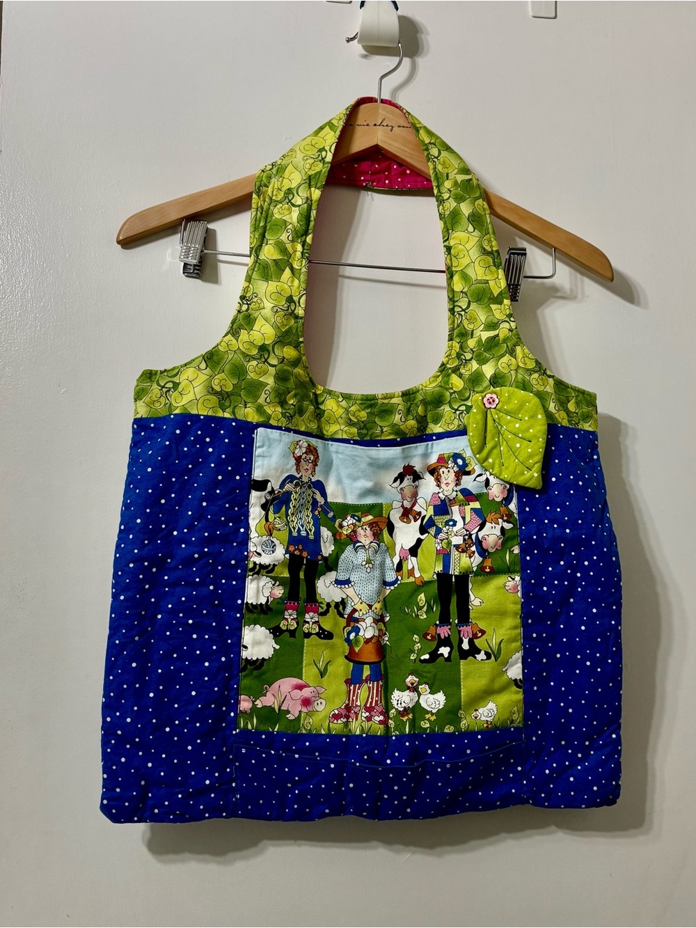 Colorful Patchwork Shopping Tote Bag in delightful Farm Scene